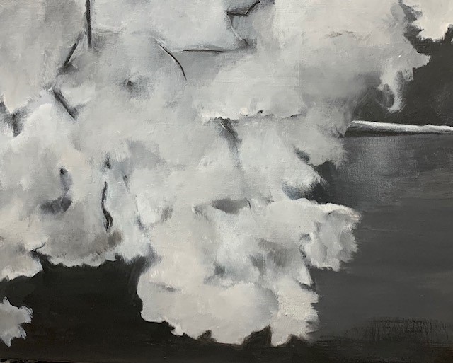 black and white painting titled Hidden