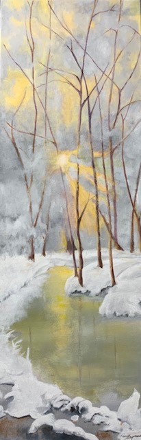 vertical winter stream painting titled Warmth
